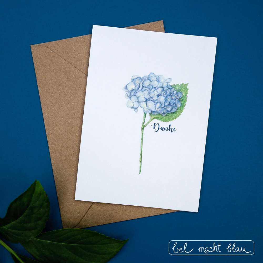 Dankes-Karte mit blauer Hortensie - Hochzeitspapeterie // Familienhochzeit // Illustration