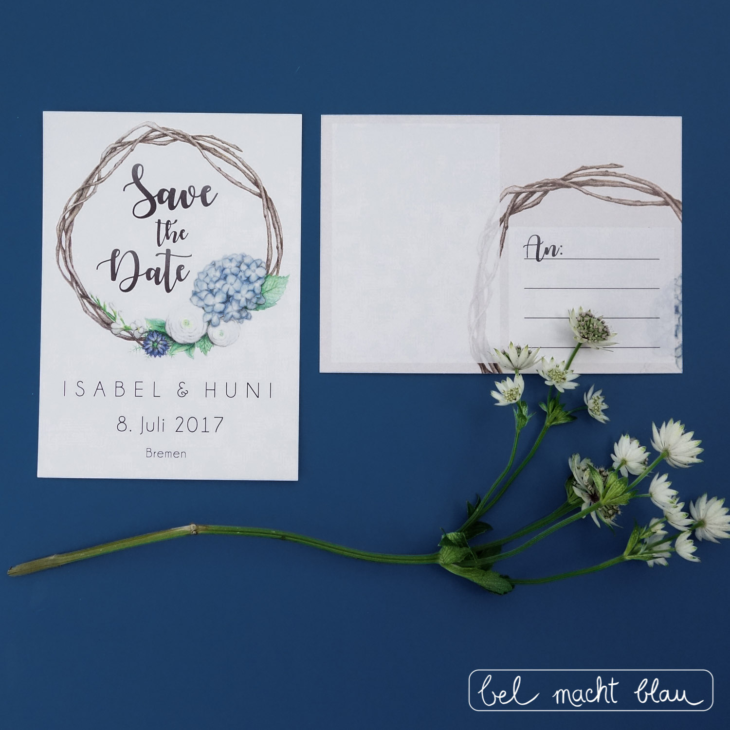 Save-the-Date-Karte // Hortensien-Hochzeitspapeterie für unsere Familienhochzeit // Illustrationen von Isabel Dehmel // wedding // blue hydrangea